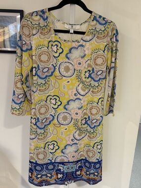Jean Pierre Yellow Floral Midi Dress with Blue and Beige Accents